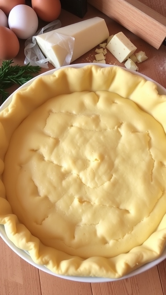 A golden brown quiche crust in a pie dish, surrounded by fresh eggs and herbs.